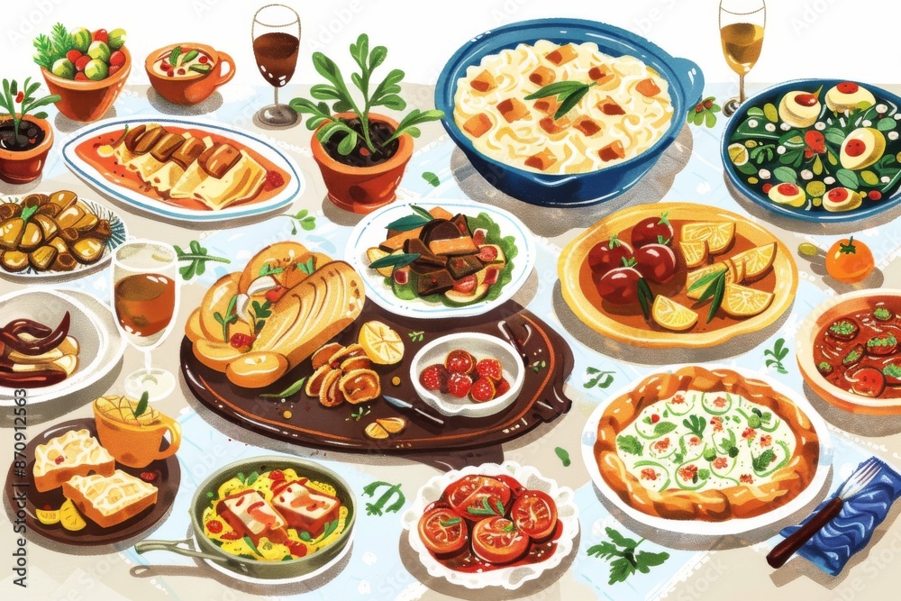 A vibrant and mouth-watering spread of traditional dishes, carefully arranged to delight the senses. The feast is a true celebration of flavors and aromas. A vibrant and mouth-watering spread of traditional dishes, carefully arranged to delight the senses. The feast is a true celebration of flavors and aromas.