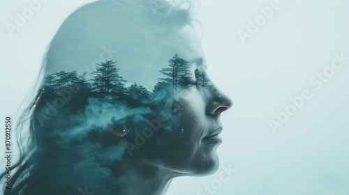 Mental health therapy concept. Woman with forest trees transposed on face with relaxed peaceful expression on her face