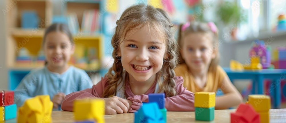 A group of children seated around a table, engaging with blocks One girl smiles directly at the camera A group of children seated around a table, engaging with blocks One girl smiles directly at the camera