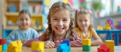  A group of children seated around a table, engaging with blocks One girl smiles directly at the camera
