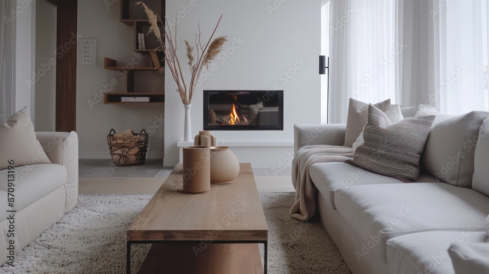 Fototapeta premium cozy living room interior, scandinavian interior with wooden table and fireplace