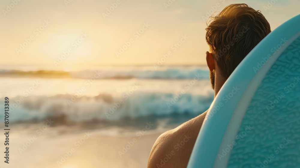 Fototapeta premium A surfer with a blue board underarm, staring at the approaching waves, tranquil beach atmosphere, soft golden light of early morning