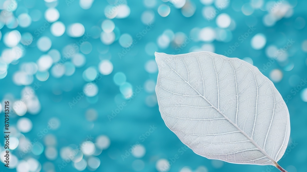 Beautiful white skeletonized leaf on light blue background with round bokeh expressive artistic image Beautiful white skeletonized leaf on light blue background with round bokeh expressive artistic image