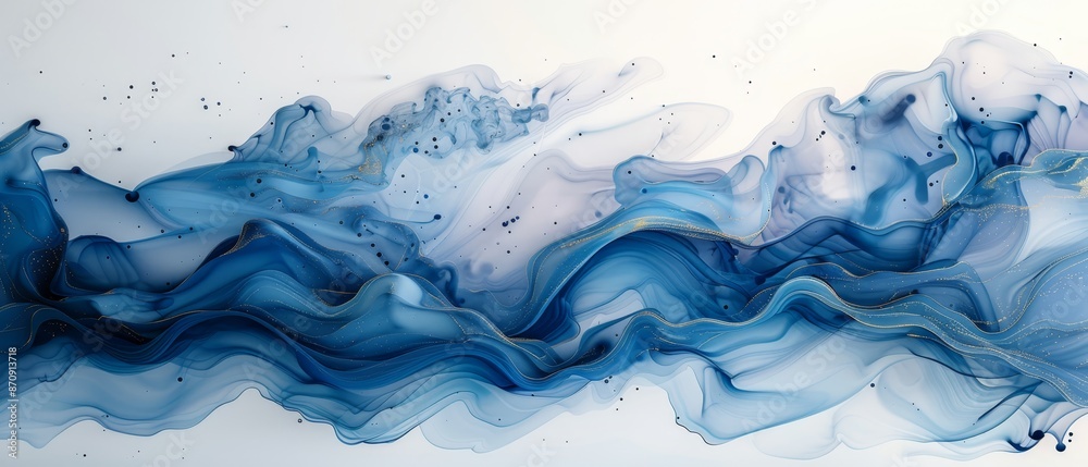  A painting of blue-and-white waves against a white backdrop, featuring a golden line as its divisive centerline