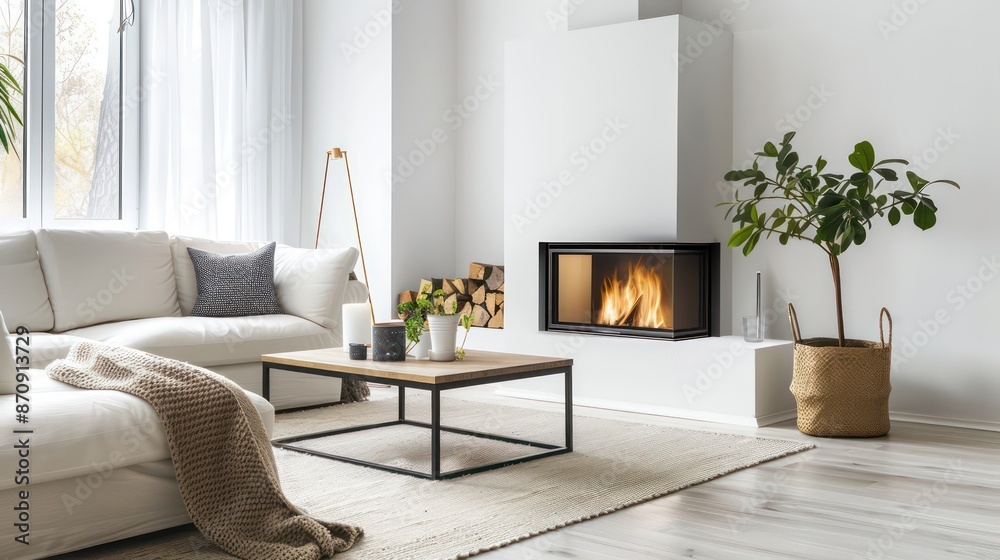 Obraz premium cozy living room interior, scandinavian interior with wooden table and fireplace