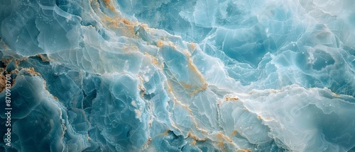  A tight shot of a blue-gold marble's surface, featuring a prominent white-gold vein running along the top