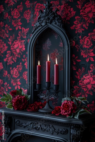 Dark gothic frame with red ritual candles, creating a mystical ambiance for unique decor photo