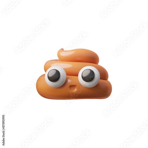 Poop brown emoji 3D plastic vector icon, glossy cute poo turd with big eyes, smile mouth, poop face emoticon funny shit