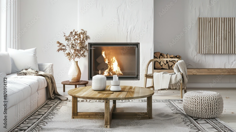 Fototapeta premium cozy living room interior, scandinavian interior with wooden table and fireplace