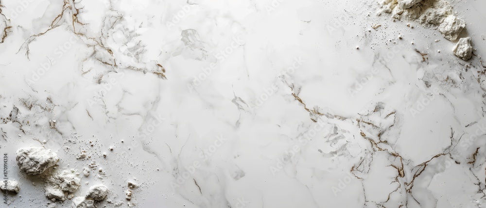 A tight shot of a marble countertop showcases white and brown veins, distinctly contrasted against scattered paint splatters in shades of white and brown A tight shot of a marble countertop showcases white and brown veins, distinctly contrasted against scattered paint splatters in shades of white and brown