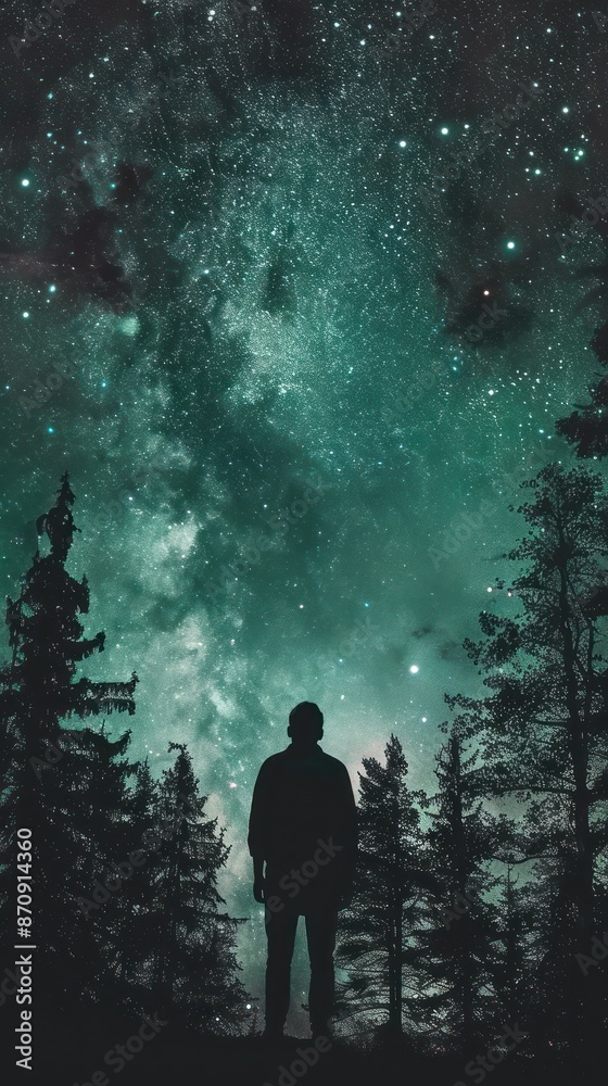 Fototapeta premium Man stands among trees, gazing at starry night sky