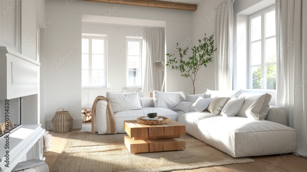 cozy living room interior, scandinavian interior with wooden table and fireplace cozy living room interior, scandinavian interior with wooden table and fireplace