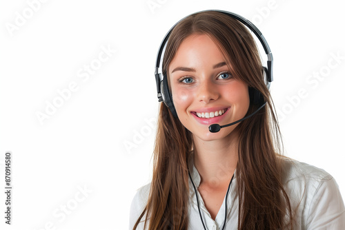 Smiling young woman with headset on isolated white background.3:2 Job ID: 12d21970-036e-42dc-9ec5-5f95feca9f26 photo