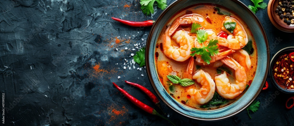 A bowl brimming with shrimp, garnished with fresh cilantro, chili peppers, and sliced cilantro peppers A bowl brimming with shrimp, garnished with fresh cilantro, chili peppers, and sliced cilantro peppers