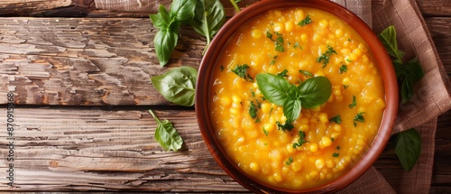  A bowl of corn and basil soup on a weathered wooden table A brown napkin rests beside it A garnish of green, leafy basil tops the dish