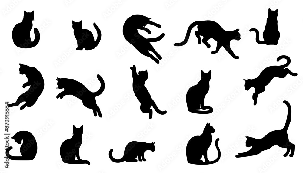 Vector illustration. Silhouettes of black cats. Set of animal stickers. Large set. Vector illustration. Silhouettes of black cats. Set of animal stickers. Large set.