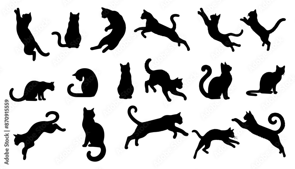 Fototapeta premium Vector illustration. Silhouettes of black cats. Set of animal stickers. Large set. 