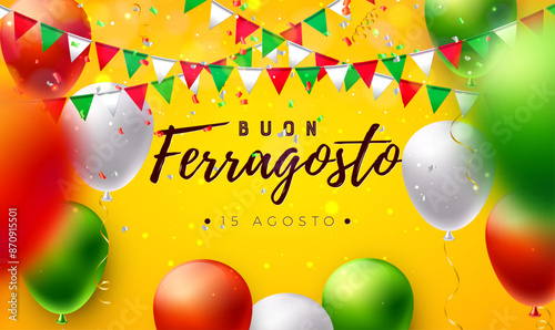 Buon Ferragosto Italy Summer Festival Design with Colorful Flag and Party Balloon on Yellow Background. Vector Italian Language Typography Illustration with Summer Holiday Elements for Banner, Flyer