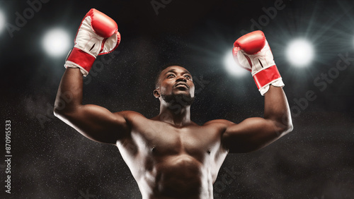 Champion. African boxer raising his arms in winner gesture, stadium lights background