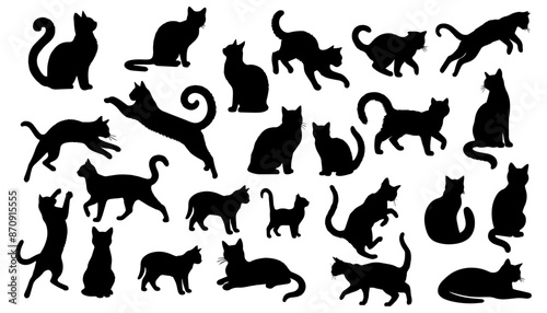 Vector illustration. Silhouettes of black cats. Set of animal stickers. Large set.	
