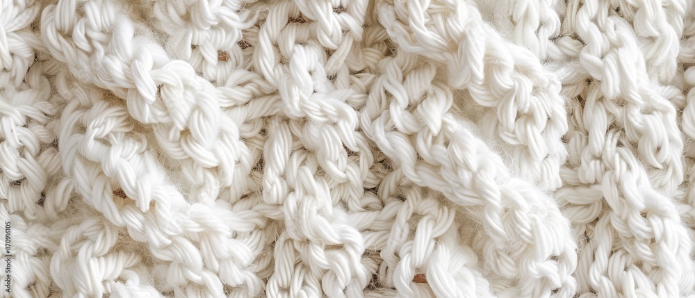 A tight shot of white knitted fabric adorned with abundant yarn crochet work on its surface A tight shot of white knitted fabric adorned with abundant yarn crochet work on its surface