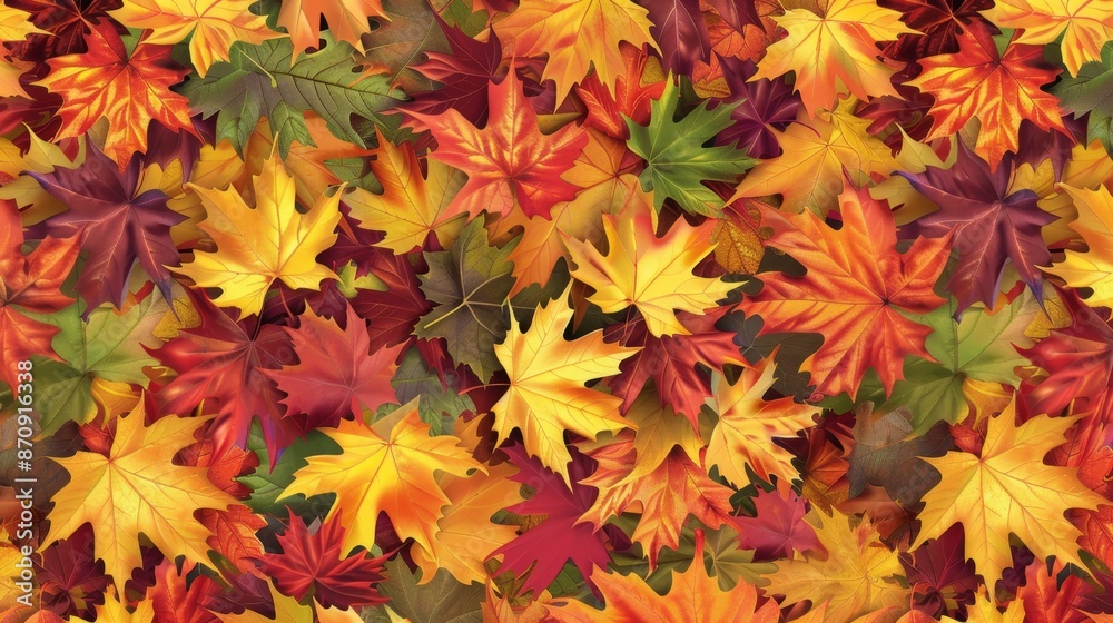 Pattern of overlapping maple leaves in various fall colors, creating a seamless background Pattern of overlapping maple leaves in various fall colors, creating a seamless background