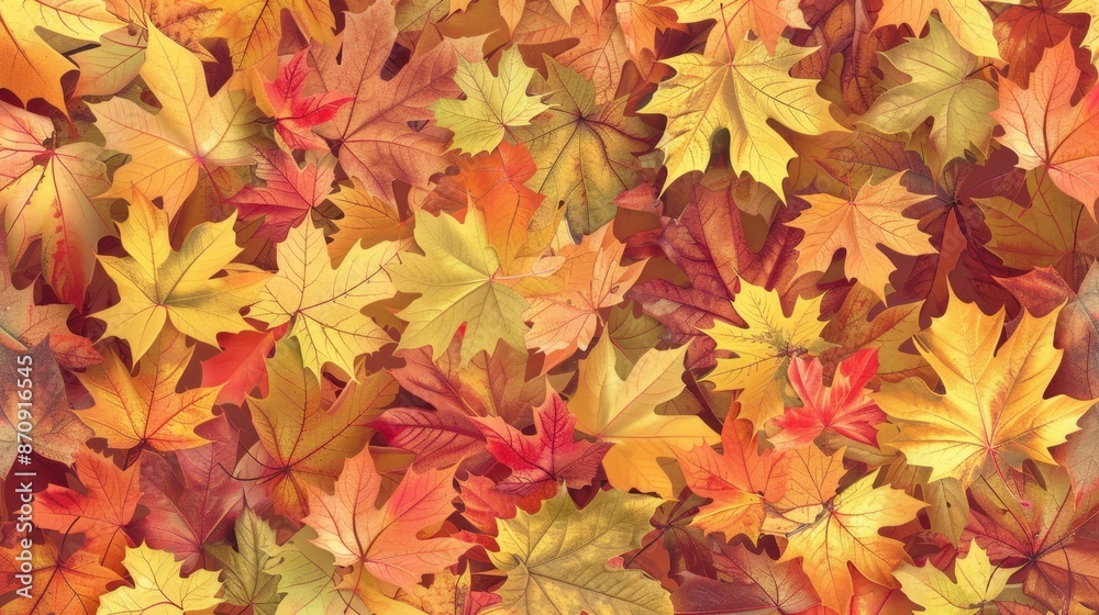Pattern of overlapping maple leaves in various fall colors, creating a seamless background Pattern of overlapping maple leaves in various fall colors, creating a seamless background