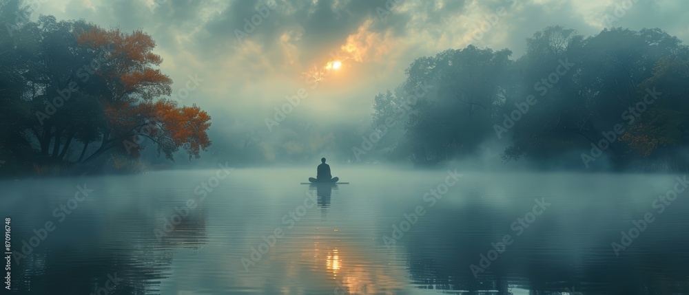 Person in a boat, lake center, trees backdrop, sun filtering through clouds Person in a boat, lake center, trees backdrop, sun filtering through clouds