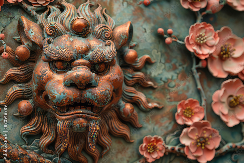 Lion, with plum blossoms in the background, petals falling. Generative AI Lion, with plum blossoms in the background, petals falling. Generative AI