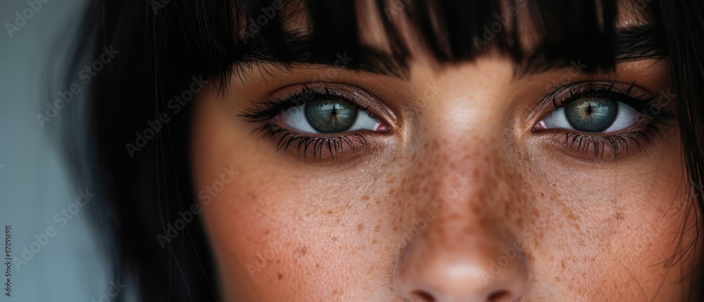 A close-up of a woman's face adorned with freckles A close-up of a woman's face adorned with freckles