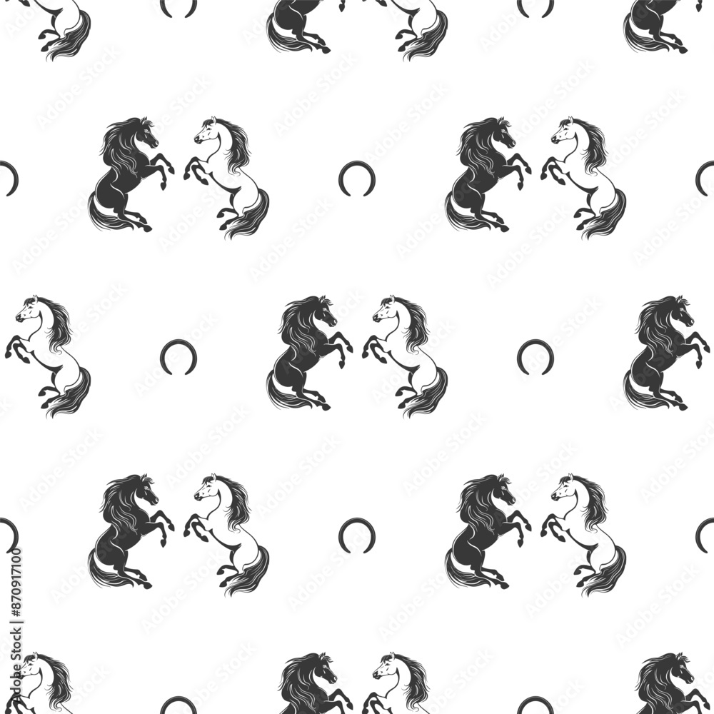 Seamless pattern with black and white horses and horseshoes on a white background Seamless pattern with black and white horses and horseshoes on a white background