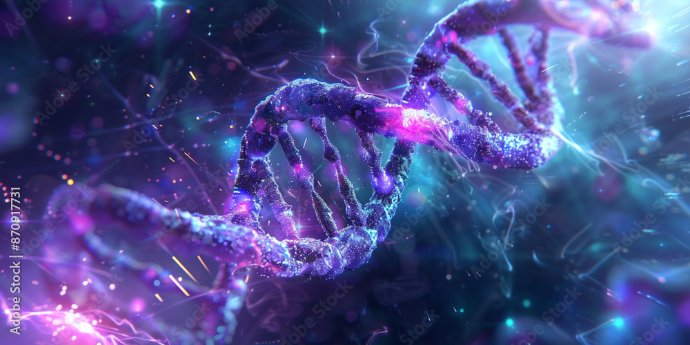 A DNA double helix made of purple and blue glowing energy A DNA double helix made of purple and blue glowing energy