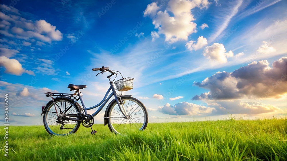 Motorized bicycle on green grass against blue sky background Motorized bicycle on green grass against blue sky background