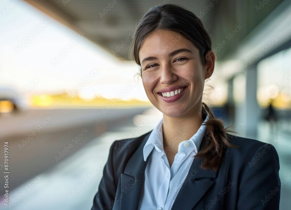 A young beautiful stewardess in the background of the aircraft. A young employee, a novice specialist, professional. Labor day concept. Banner for travel agency. A young beautiful stewardess in the background of the aircraft. A young employee, a novice specialist, professional. Labor day concept. Banner for travel agency.