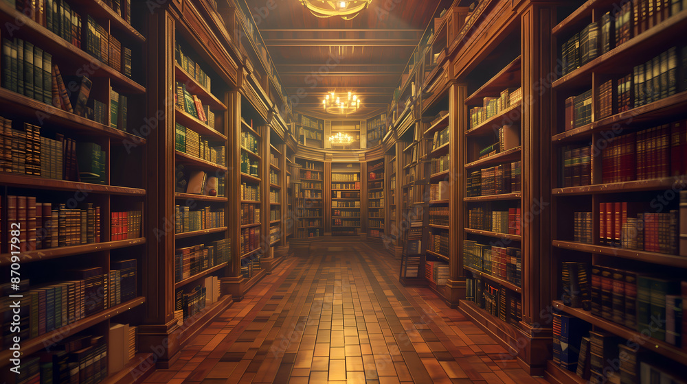 Obraz premium Old Library Corridor with Bookshelves.