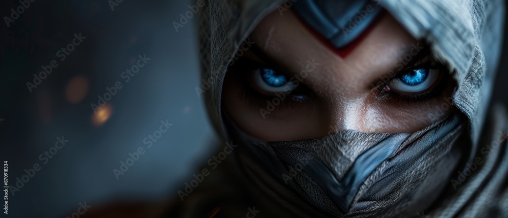 A tight shot of a face with deep blue eyes, concealed by a hooded outfit, the hood drawn over the head A tight shot of a face with deep blue eyes, concealed by a hooded outfit, the hood drawn over the head