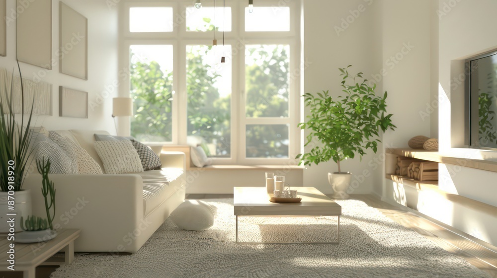 Fototapeta premium cozy living room interior, scandinavian interior with wooden table and fireplace