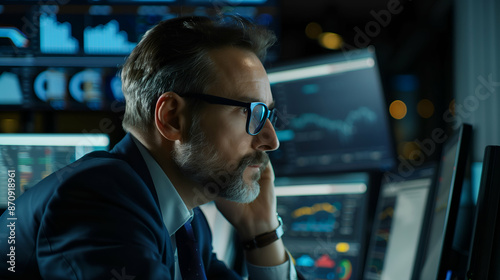 Businessman Analyzing Data on Multiple Computer Screens.