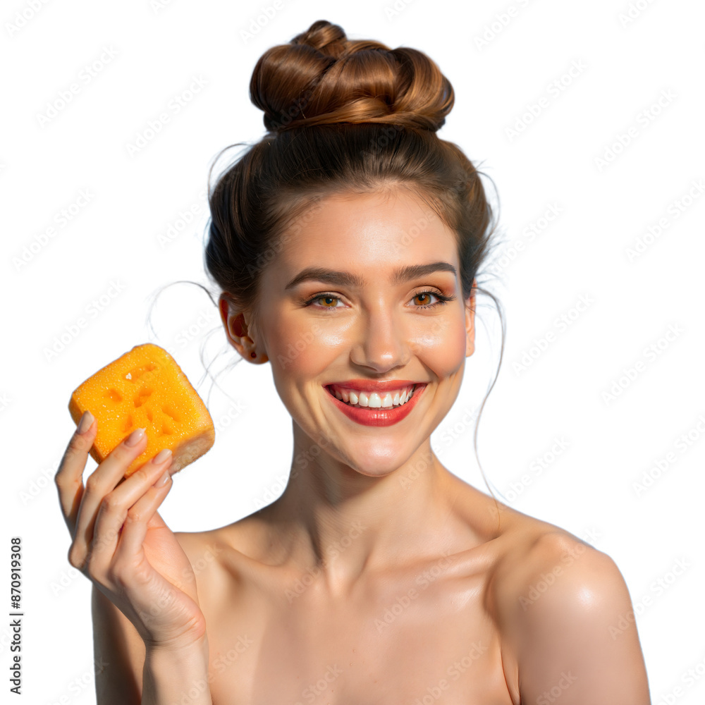 Woman Holding Yellow Bath Sponge and Smiling Woman Holding Yellow Bath Sponge and Smiling