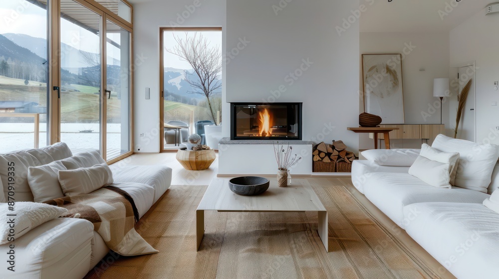 Fototapeta premium cozy living room interior, scandinavian interior with wooden table and fireplace