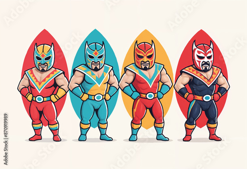 a vector drawing of a cartoon luchadors wrestlers in colorful costumes are posing