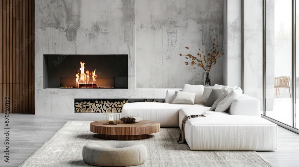 cozy living room interior, scandinavian interior with wooden table and fireplace cozy living room interior, scandinavian interior with wooden table and fireplace
