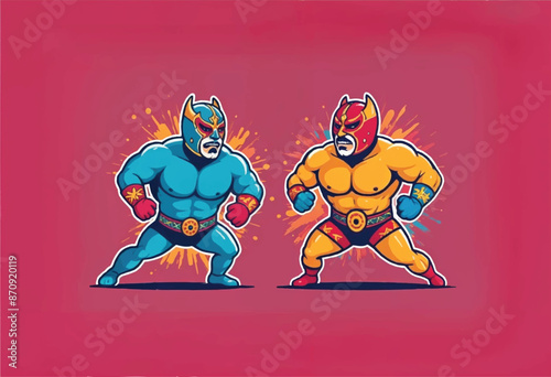 cartoon vector of two luchador wrestlers  in colorful costume are pose fighting on red background