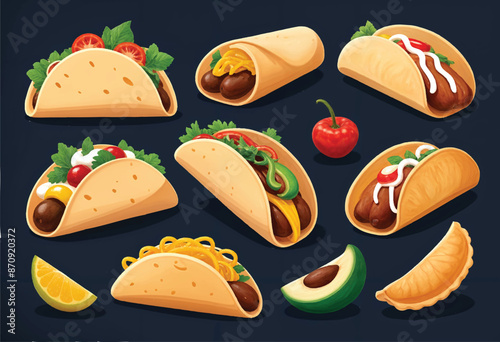 a collection of vector illustration of hispanic food including tacos, churros, burritos and empanada