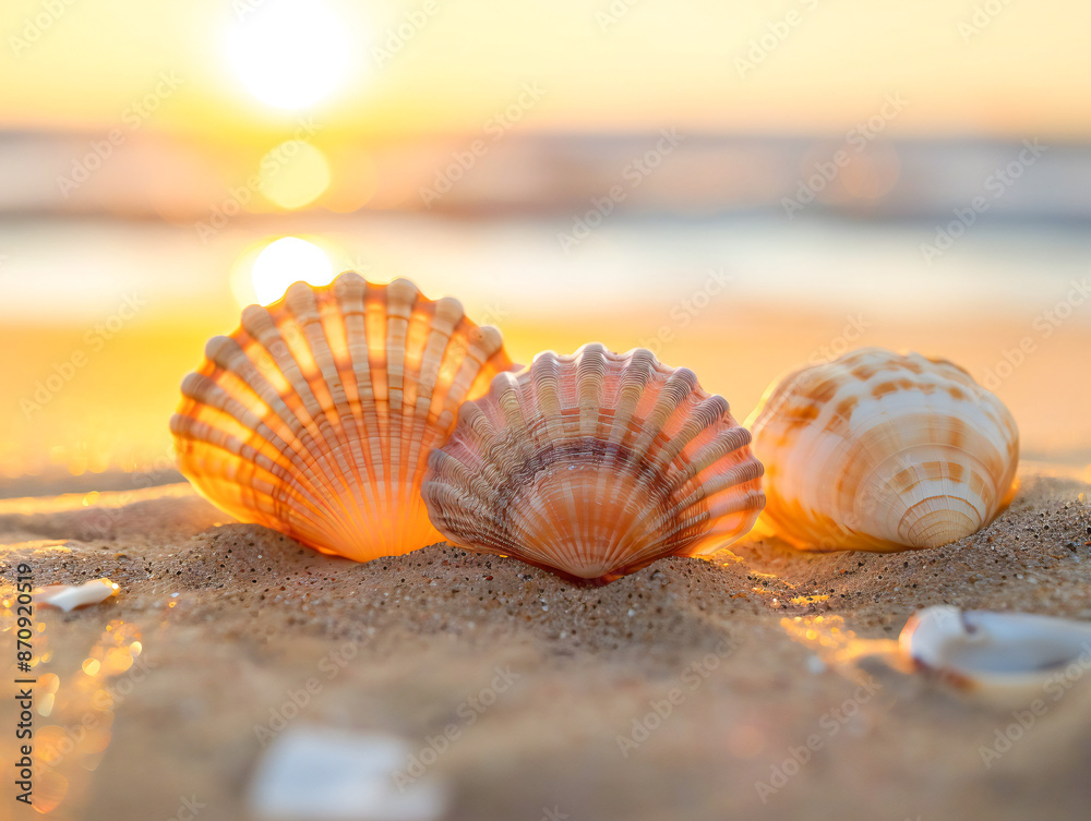 seashells beach with sand, against the background of the sea and the setting sun seashells beach with sand, against the background of the sea and the setting sun