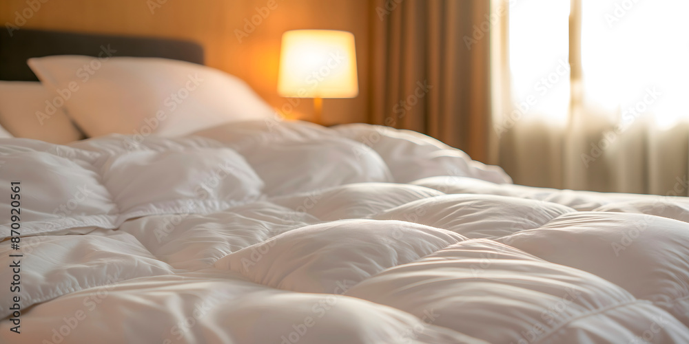 white duvet and pillows in serene bedroom environment with cozy lamp, ideal for preparing for winter season, doing household chores and creating comfort with home textiles and decorating hotel rooms white duvet and pillows in serene bedroom environment with cozy lamp, ideal for preparing for winter season, doing household chores and creating comfort with home textiles and decorating hotel rooms