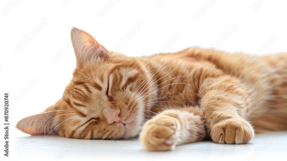 Fototapeta premium Orange tabby cat resting with paw on table on white background