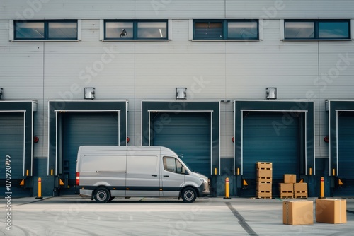 business logistics warehouse building with open storage gates, delivery van with cardboard boxes. ai generative
