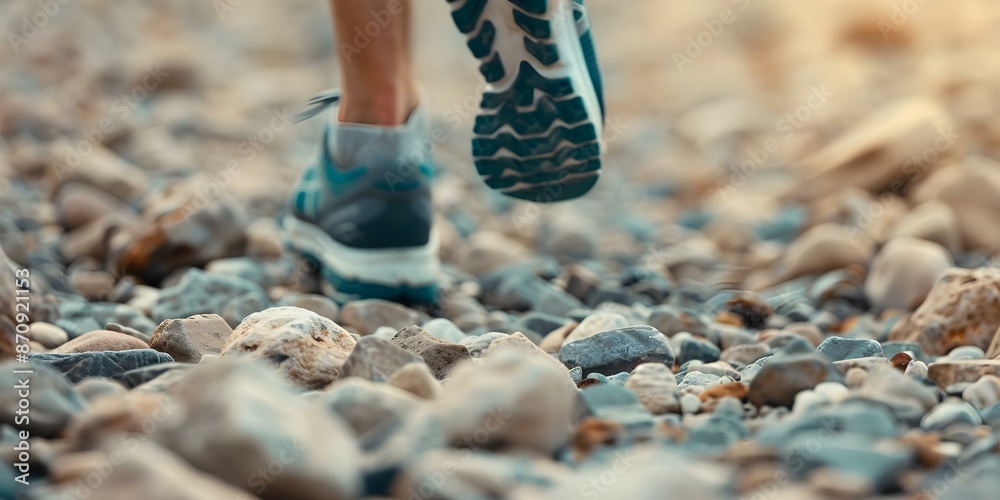 Trail runners feet in running shoes hit rocky path with rugged soles ...