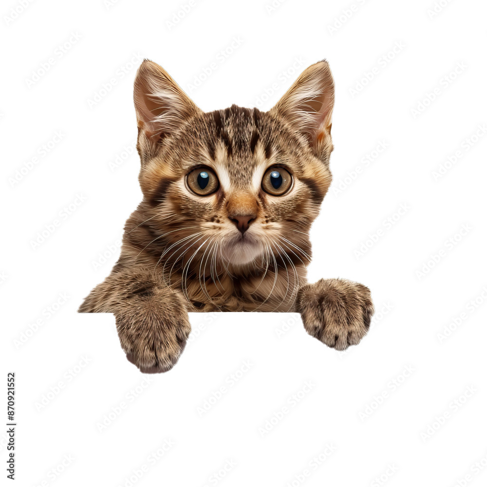 Fototapeta premium Cute striped kitten with big eyes looking over a ledge on a transparent background